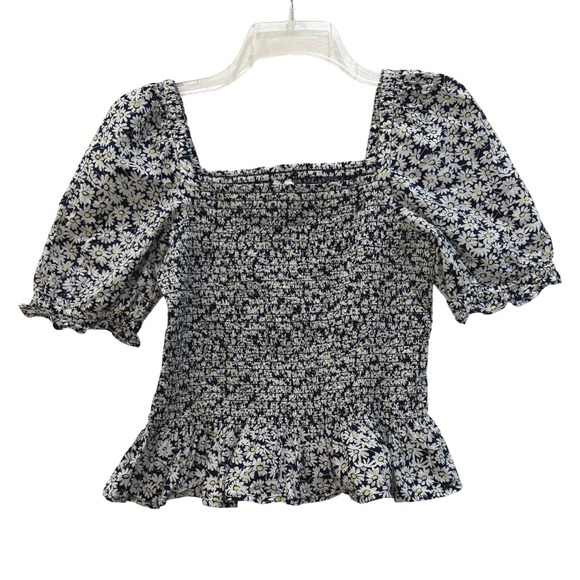 J.Crew Tops - J.Crew Smocked Peplum Top Women's XS Navy Blue Daisy Floral Puff Sleeve Blouse